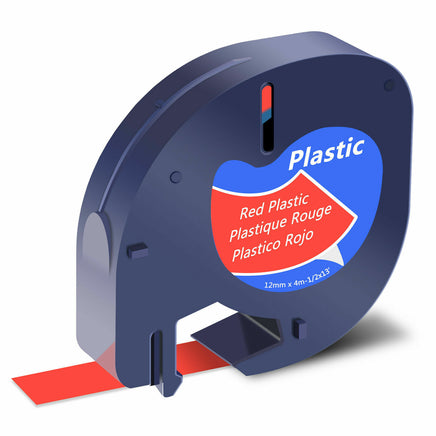 5 x Compatible Dymo 91203 / 91333 / 91223 Black on Red LetraTag Label Plastic Tape 12mm x 4m