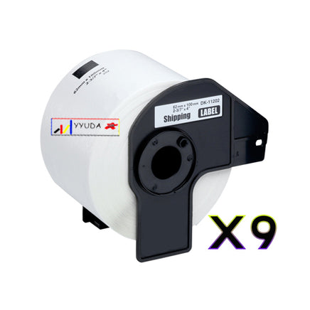 9 x Compatible Brother DK11202 "WITH CARTRIDGE" White Label Roll 62mm x 100mm - 300 Labels per Roll