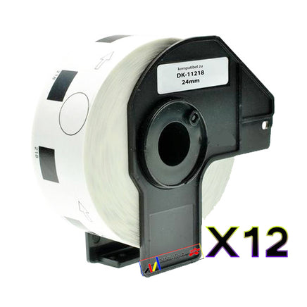 12 x Compatible Brother DK11218 "WITH CARTRIDGE" Black Text on White 24mm Diameter Die-Cut Paper Label Roll