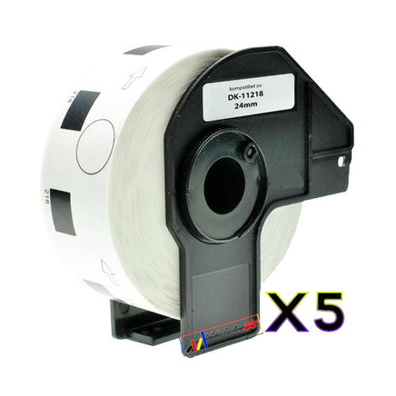 5 x Compatible Brother DK11218 "WITH CARTRIDGE" Black Text on White 24mm Diameter Die-Cut Paper Label Roll