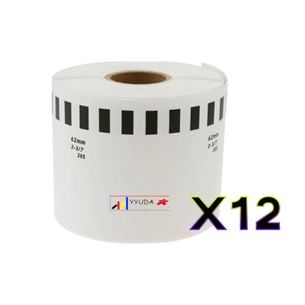 12 x Compatible Brother DK22205 "Without Cartridge" White Roll 62mm x 30.48m