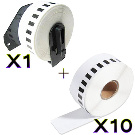 (1 + 10) Compatible Brother DK22210 Black Text on White Paper Label Roll 29mm x 30.48mm