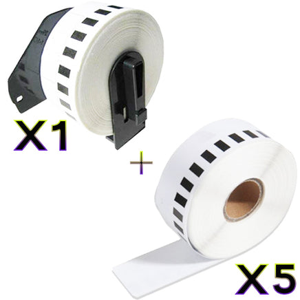 (1 + 5) Compatible Brother DK22210 Black Text on White Paper Label Roll 29mm x 30.48mm