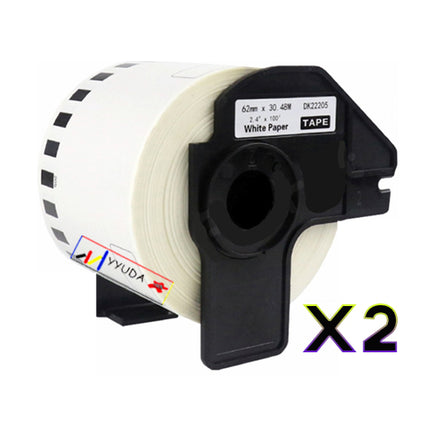 2 x Compatible Brother DK22205 "WITH CARTRIDGE" White Roll 62mm x 30.48m