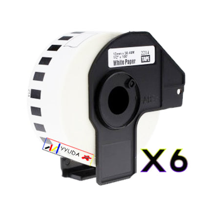 6 x Compatible Brother DK22214 "WITH CARTRIDGE" White Roll 12mm x 30.48m
