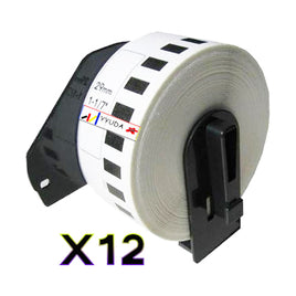 12 x Compatible Brother DK22210 "WITH CARTRIDGE" Black Text on White Paper Label Roll 29mm x 30.48mm